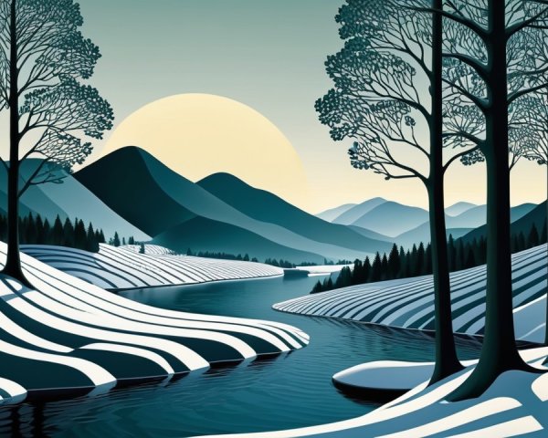 Serene Winter Landscape with Snowy Hills and Mountains