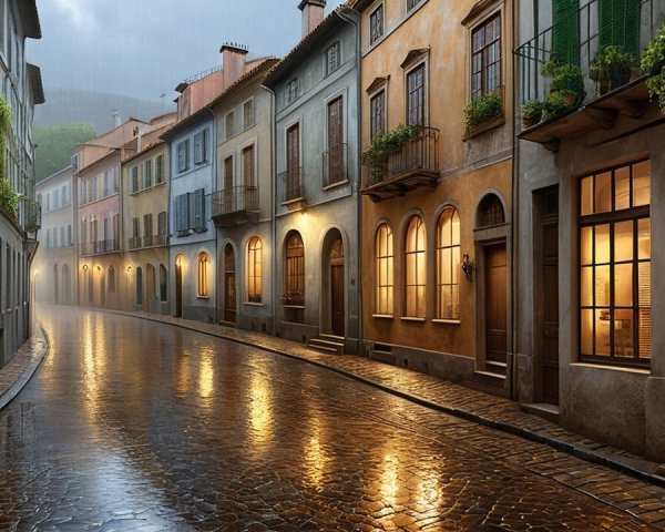 Charming Narrow Street with Warm Windows and Foggy Hills