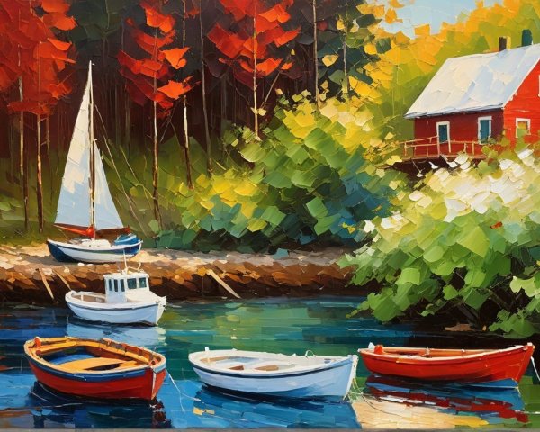 Vibrant Landscape with Boats and Autumn Foliage