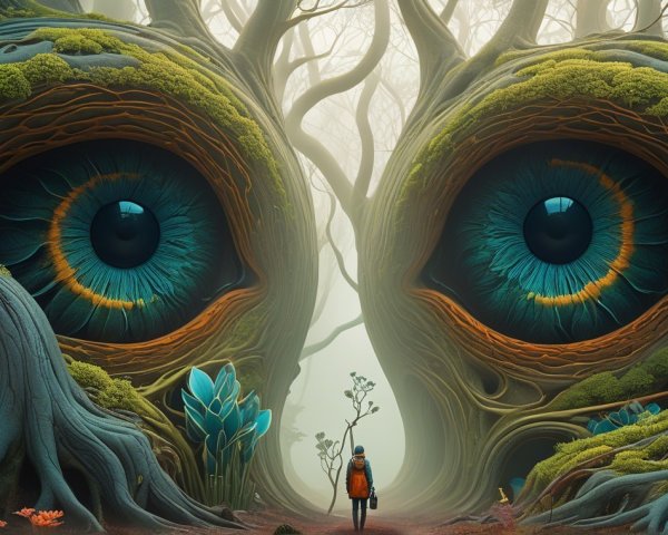 Surreal forest with giant trees and vibrant eyes