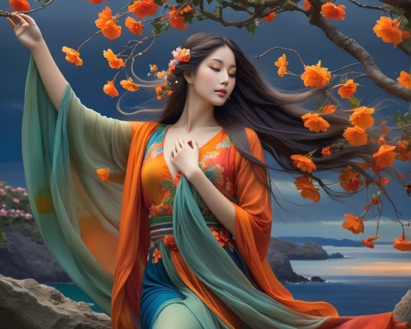 Serene figure in orange kimono among vibrant flowers