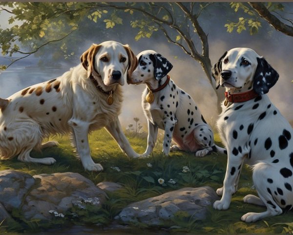 Three Dogs in a Serene Outdoor Setting