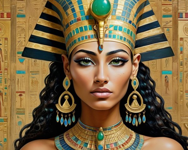 Regal Figure in Ancient Egyptian Attire and Jewelry