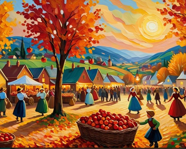 Autumn Village Festival with Colorful Trees and Stalls