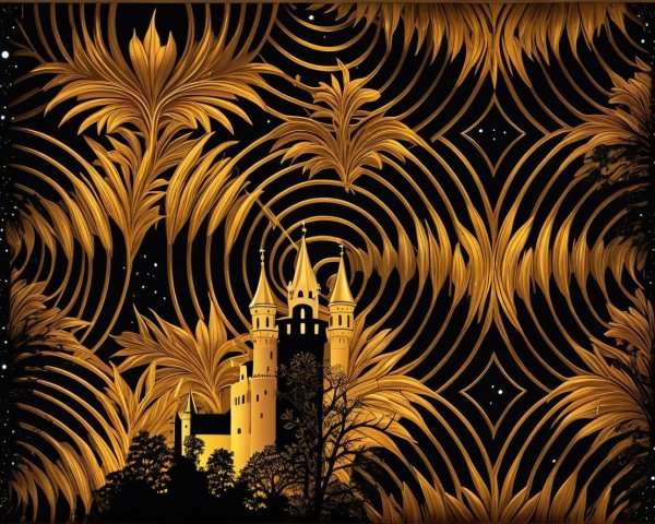 Ornate Gold Palm Fronds with Castle on Black Background