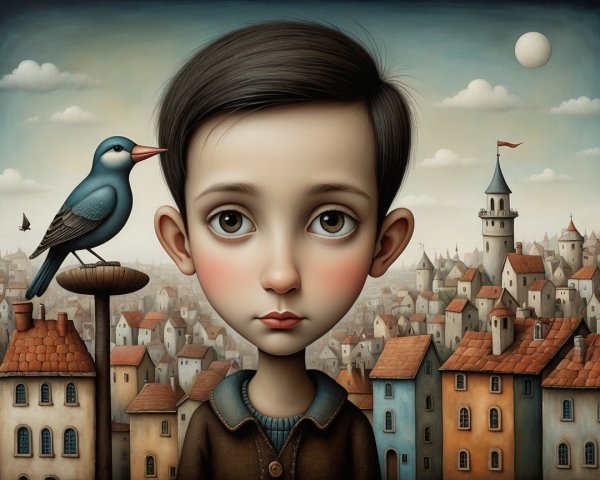 Boy with expressive eyes in whimsical cityscape