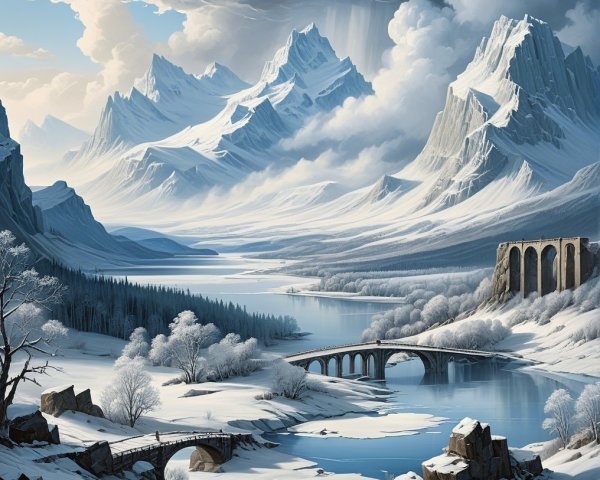 Winter Landscape with Snow-Capped Mountains and River