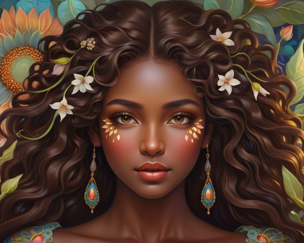 Woman with Curls and Floral Accents in Vibrant Setting