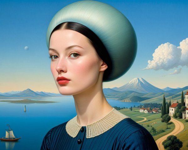 Portrait of a Young Woman in Blue Dress with Halo
