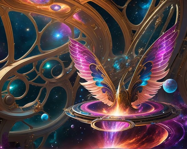 Cosmic Scene with Iridescent Wings and Galaxies