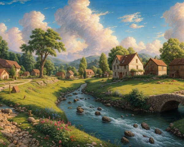 Serene Countryside with Cottages and River Landscape