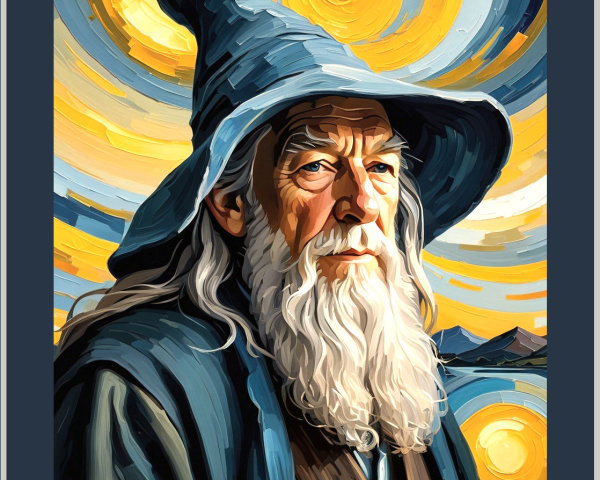 Elderly Wizard in Blue Hat Against Colorful Background