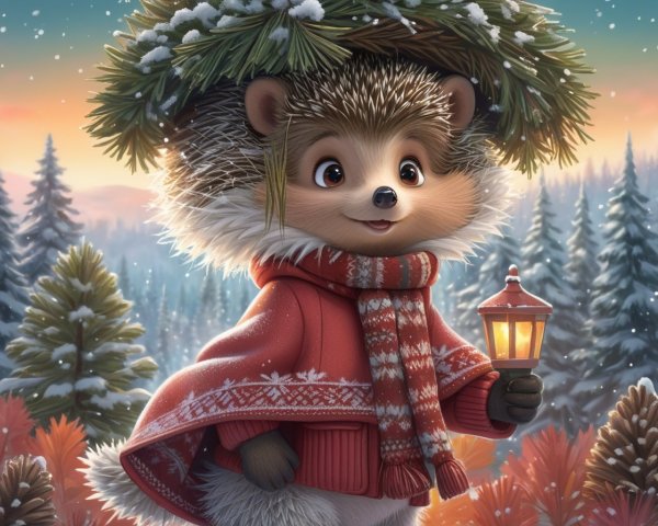 Hedgehog in Sweater with Lantern in Snowy Forest