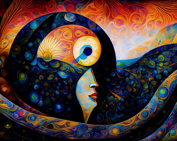 Vibrant Abstract Portrait with Stylized Face and Patterns