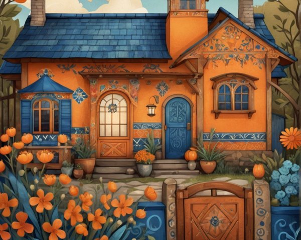 Charming House with Orange Walls and Floral Details