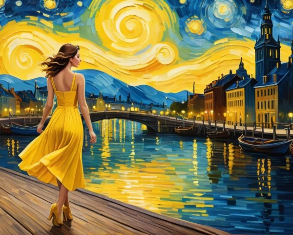 Woman in Yellow Dress on Dock Under Starry Sky