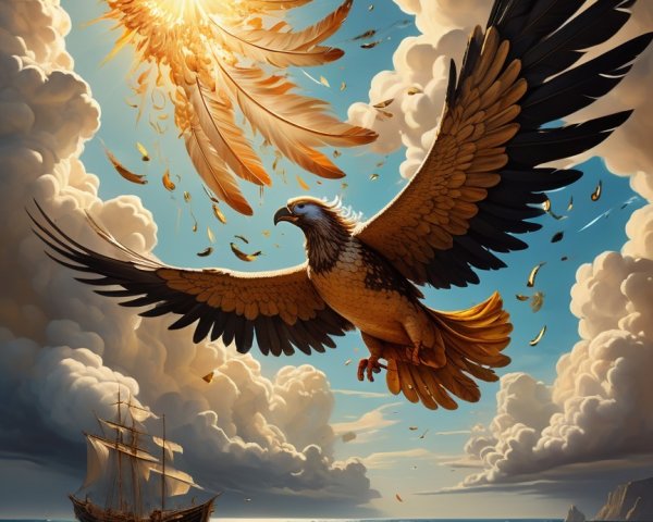 Eagle Soaring Over Dramatic Sky and Choppy Sea