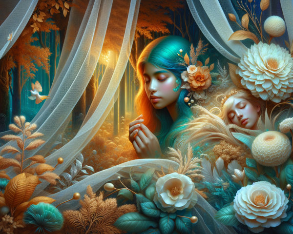 Ethereal Figures in a Dreamlike Lush Landscape