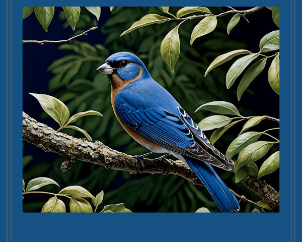 Vibrant Blue Bird on Branch with Lush Green Leaves