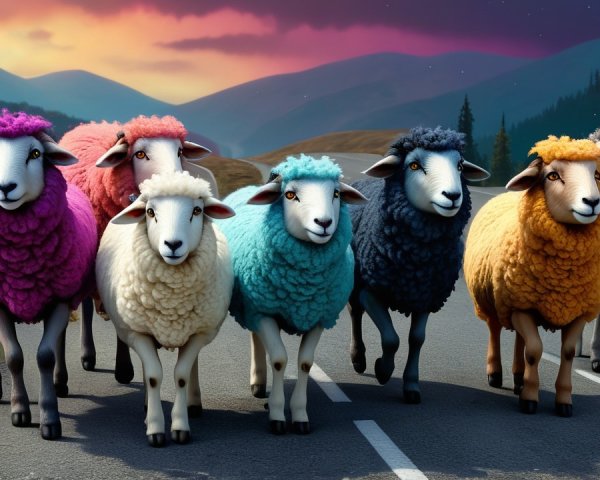 Colorful Sheep Walking on a Scenic Road at Sunset