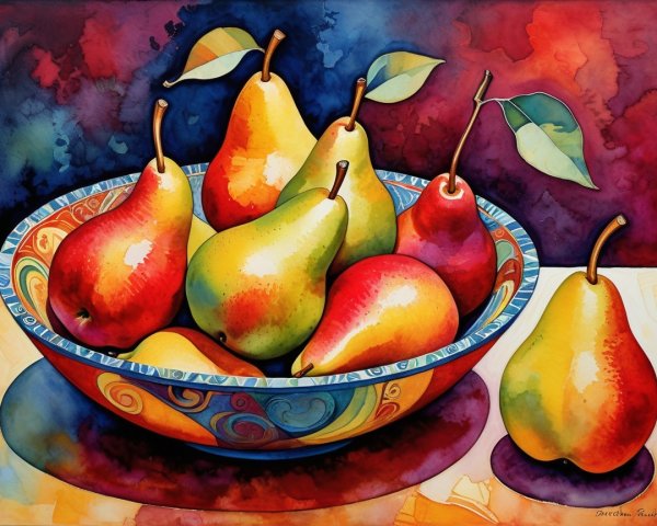 Vibrant Watercolor Painting of Colorful Pears in Bowl