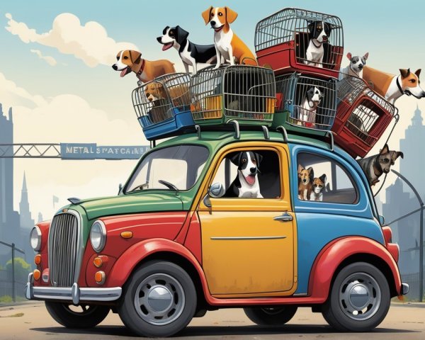 Colorful Vintage Car with Dog Cages in Urban Setting