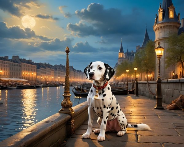 Dalmatian by Waterfront at Dusk with Moonlight