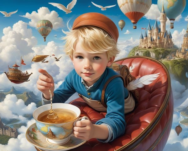 Young Boy in Whimsical Setting with Teacup and Chair