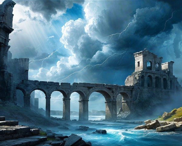 Dramatic Landscape with Ancient Ruins and Stormy Sea