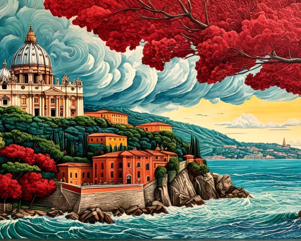 Vibrant Landscape with Majestic Building and Ocean