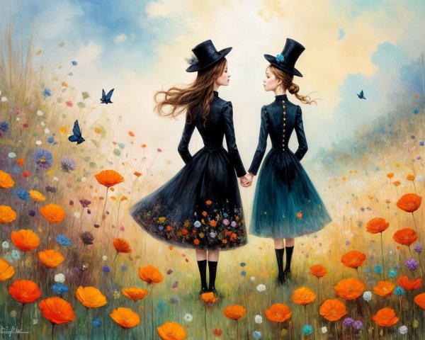 Girls in Black Dresses Among Colorful Flowers