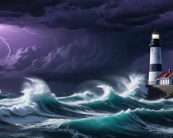 Lighthouse Resilient Against Stormy Ocean Scene