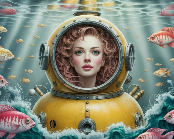Underwater Scene with Woman in Vintage Diving Suit