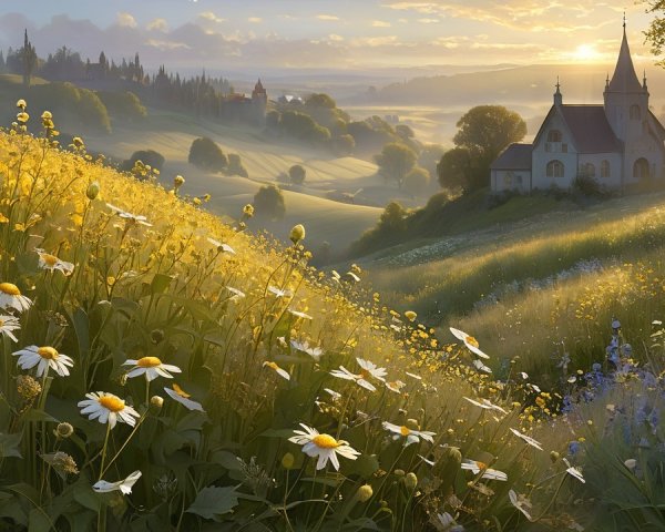 Serene Sunrise Landscape with Vibrant Wildflowers