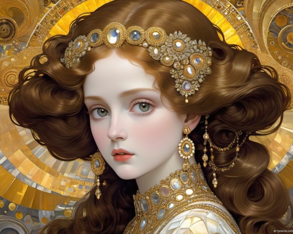 Young Woman with Jewel-Studded Headpiece and Gold Background