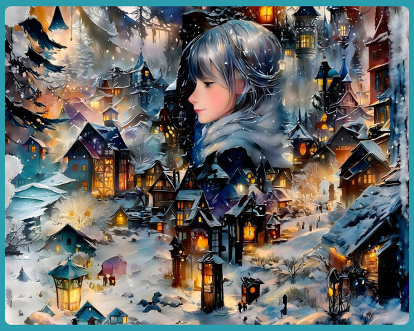 Anime girl in winter wonderland with snow and lights
