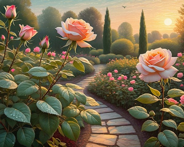 Serene garden at dawn with blooming roses and mist