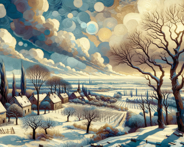 Serene Winter Landscape with Cottages and Trees