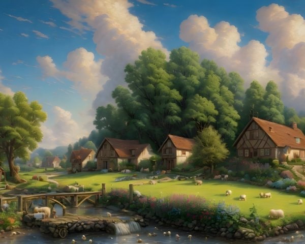 Serene Countryside Landscape with Quaint Houses and Stream