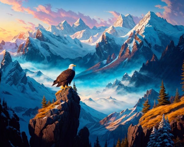 Bald Eagle Overlooks Snowy Mountain Landscape at Sunset