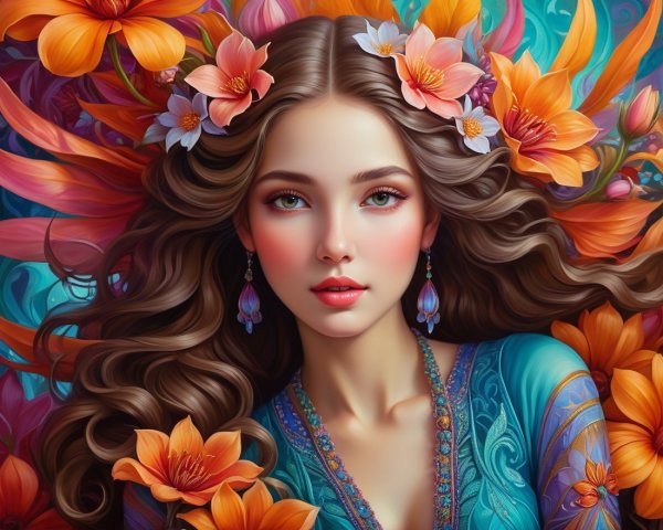 Portrait of a woman with wavy hair and flowers