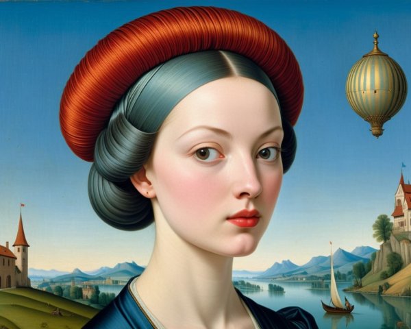 Portrait of a Young Woman in Blue with Fantasy Background