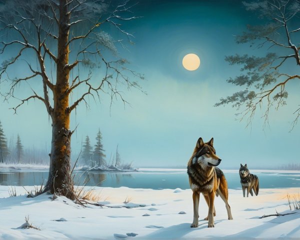 Wolves in Winter Landscape by Frozen Lake and Moon
