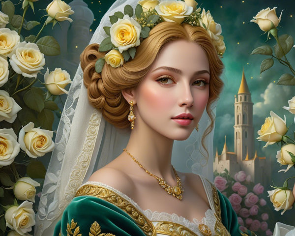 Regal Woman in Green Gown Among Roses and Castles