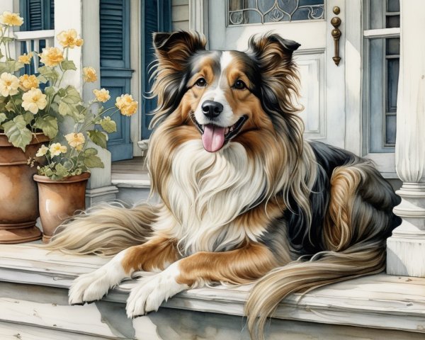 Fluffy Tri-Color Dog Relaxing on House Steps