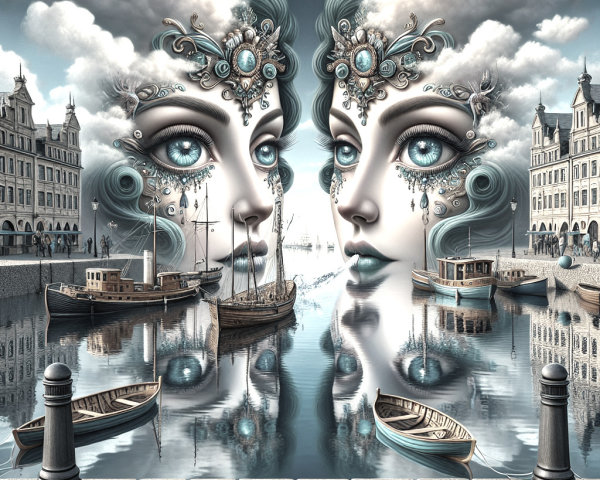 Surreal Scene of Ethereal Faces and Harbor Reflection