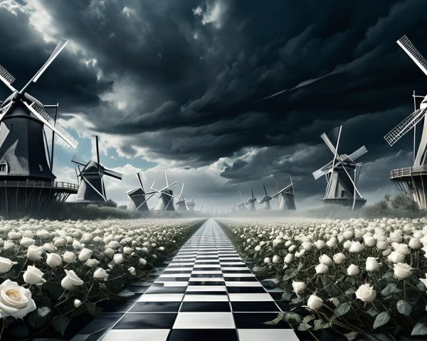 Surreal Landscape with Windmills and White Roses
