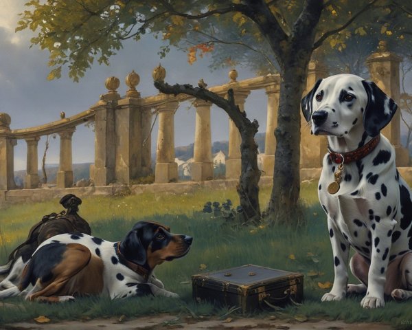 Dogs Under Tree in Serene Landscape with Stone Structure