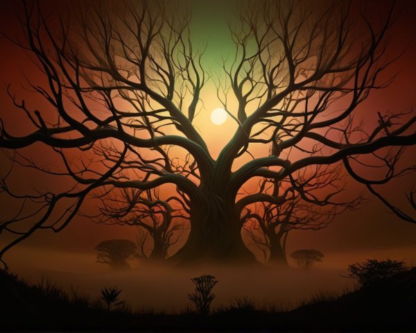Gnarled Tree Silhouette Against Vivid Sunset Landscape