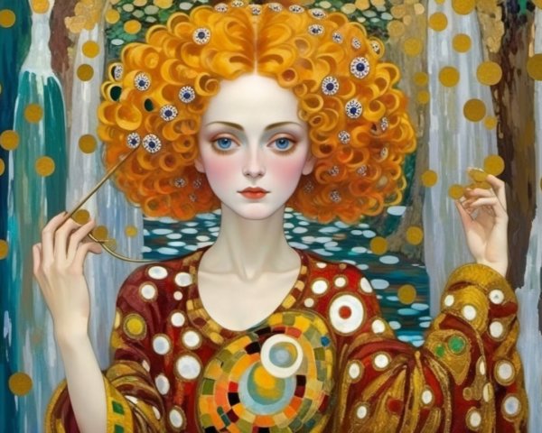 Woman with Orange Curls in Earth-Toned Robe